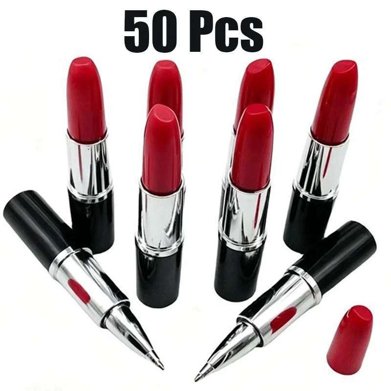50Pcs Lipstick Shaped Ballpoint Pen Novelty Simulation Lipstick Ball Pen Stationery Gift Office School Writing Supplies