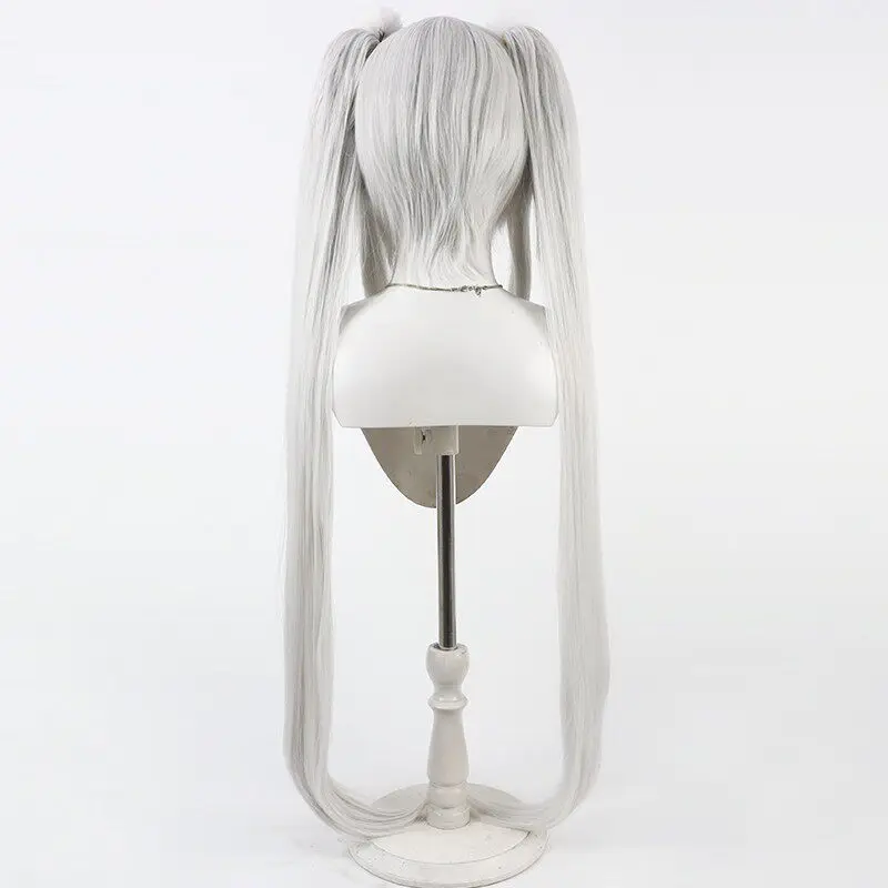 ゲームブランコスプレウィッグ白ウサギ白ロングダブルポニーテールコスプレウィッグポンポン付きコミコンパーティー大人女性男性