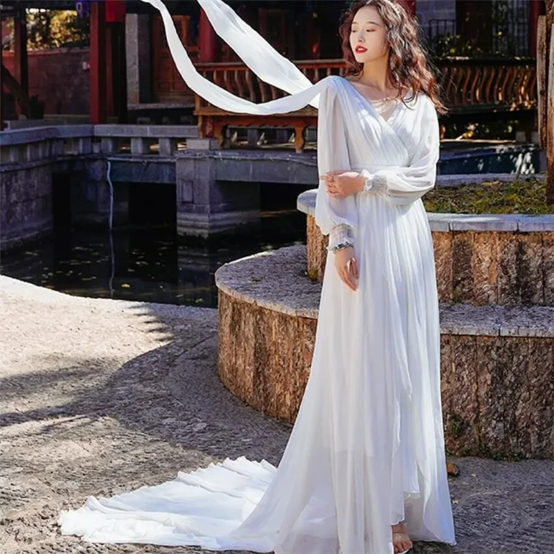 Holiday Red White Chiffon Long Beach Party Dress Fashion Long Sleeve V Neck Maxi Dress Backless Robe Seaside Vacation Dress