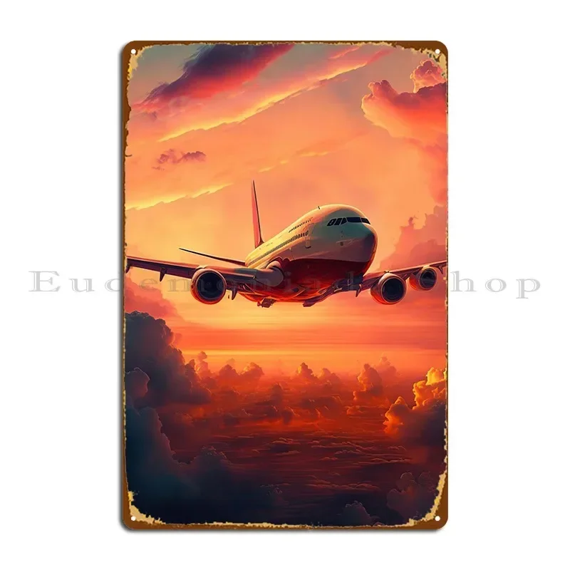 Flugzeug-Sonnenuntergang Metallschild Wandbild Wandplakette Benutzerdefiniertes Küchen-Club-Blechschild Poster