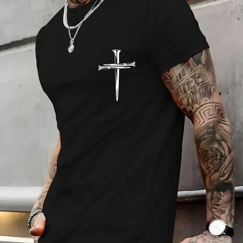 T Shirt Cross of Nails Graphic Print Black Casual Short Sleeve Fashion Men s Tee