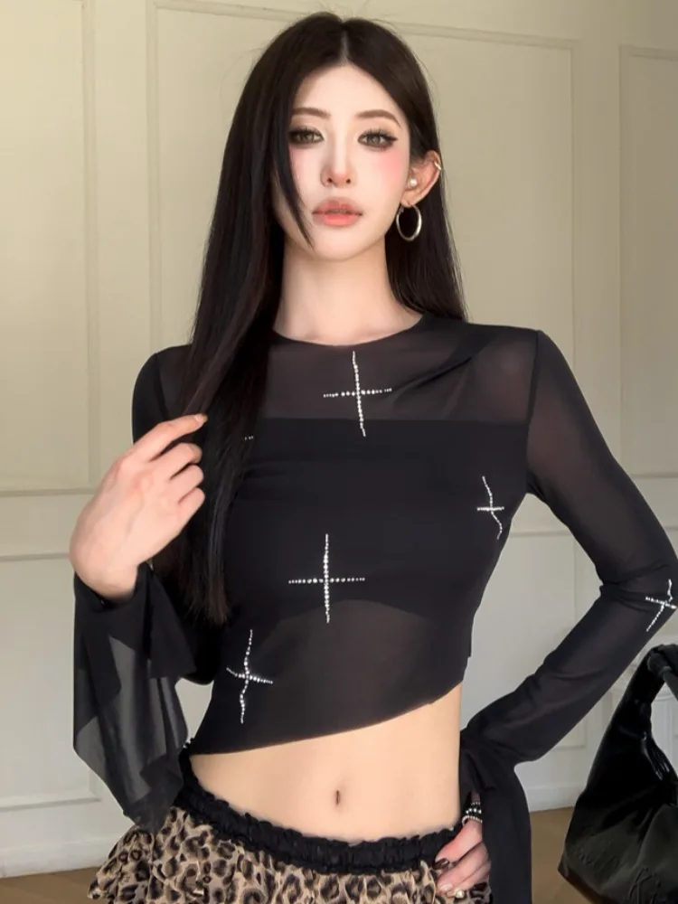 

Sexy Splice Long Sleeve T-Shirt Women's Spring Summer New Style Netting round Neck Lace-Up Belly Baring Top Asymmetrical Drill