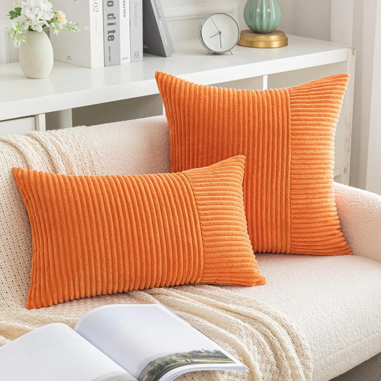 

Orange Corduroy Pillow Covers Boho Decorative Soft Solid Couch Pillowcases Cross Patchwork Textured Cushion Covers for Bed Sofa