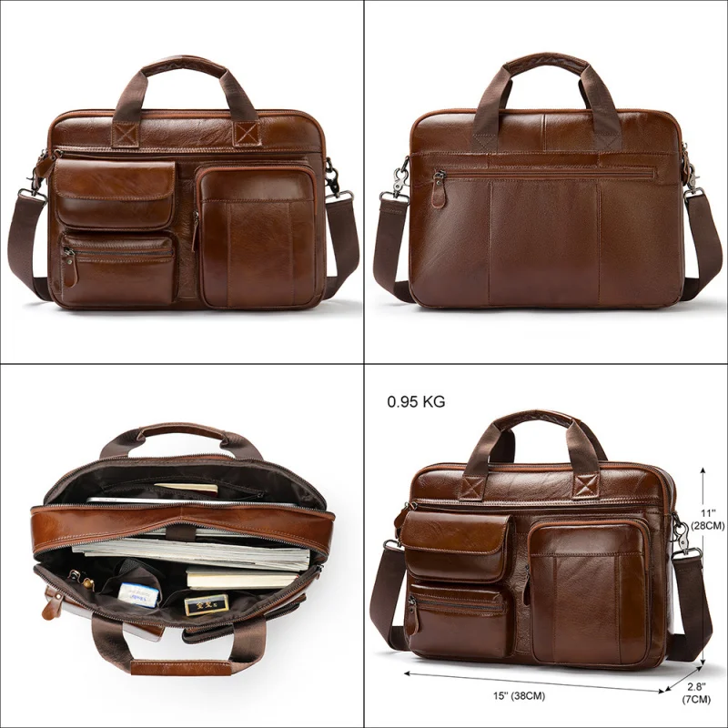 Business travel commuter genuine leather handbag top-layer cowhide crossbody briefcase, men's laptop bag Retro briefcase view 5