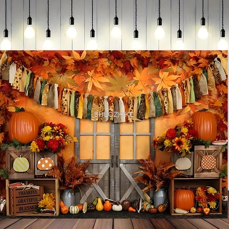 

Halloween Day Autumnal Pumpkins Photography Backdrops Props Maple Leaf Scarecrow Farm Harvest Thanksgiving Background RR-16