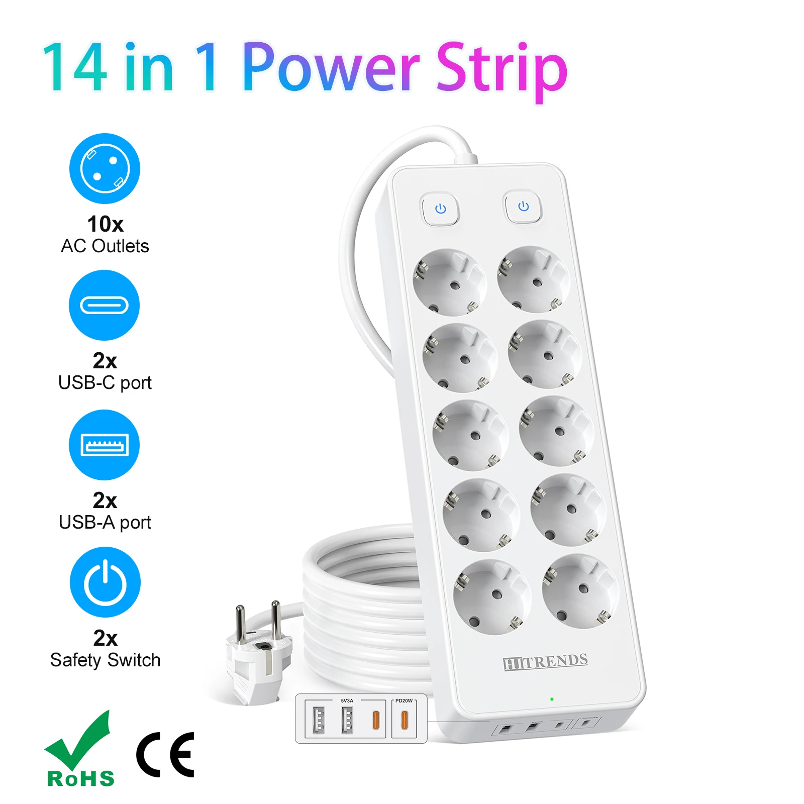 

10-полосный европейский удлинитель с 2 USB A 2 USB C PD20W, многоразъемная розетка для быстрой зарядки, двойной переключатель, защита от перенапряжения, кабель длиной 2 м