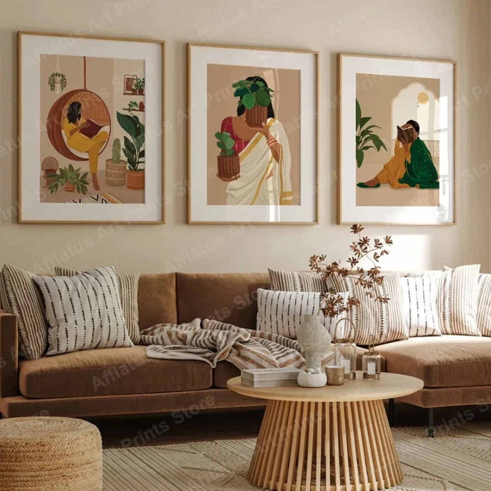 Mujer india Sari lectura Desi arte chica marrón plantas tigre carteles abstractos de arte de pared impresiones en lienzo imágenes Boho decoración de la habitación