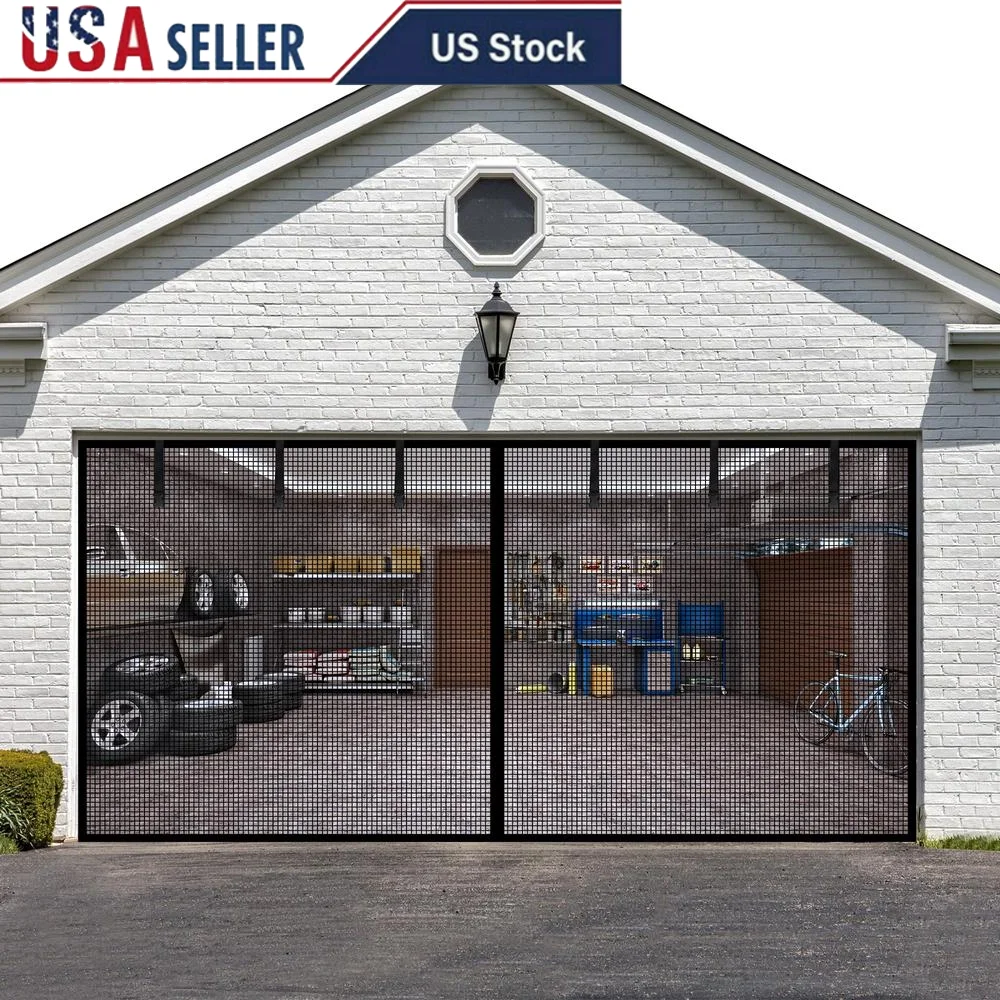 Garage Door Screen Mesh 16x7FT Strong Magnetic Closure Breathable Fiberglass Material Easy Installation 2 Car Garage Doors