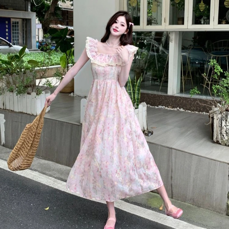여성 프랑스어 레트로 꽃 스플 라이스 퍼프 슬리브 드레스 2025 여름 새로운 우아한 스퀘어 넥 허리 라인 긴 드레스