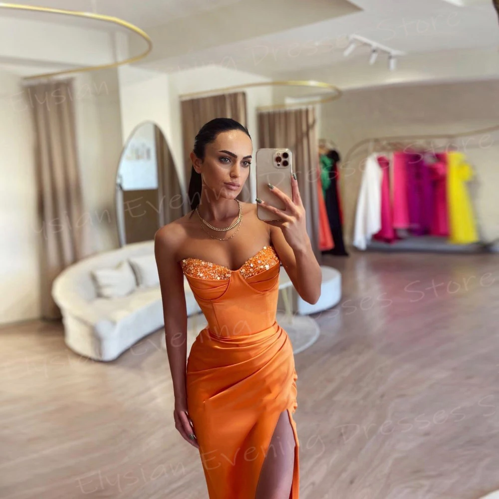 Elegant Orange Women's Mermaid Sexy Evening Dresses Modern Strapless Prom Gowns Charming High Side Split فساتين سهرة شارون سعيد