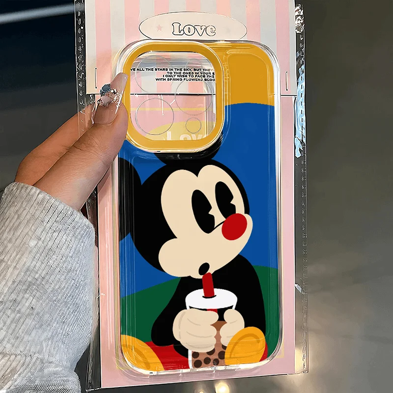 Disney Mickey Mouse Drinking Milk Tea Cartoon Phone Case For iPhone 16 15 14 11 Pro Max 12 13 Pro XS 7 8 Plus Fashion Cover Y2K