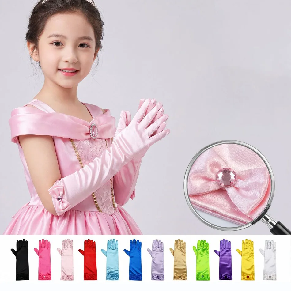 Kids Satin Long Ceremony Gloves Girls Bow Rhinestone Decor Gloves Princess Dress Accessory For Birthday Party Stage Performance