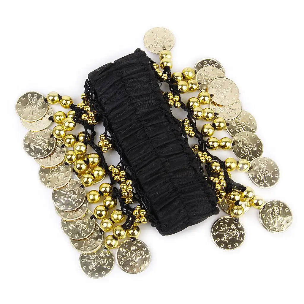 Pulsera de tobillo para danza del vientre, de color negro, con monedas doradas, para mujeres, ideal como accesorio para bailarinas orientales y para presentaciones en el escenario.