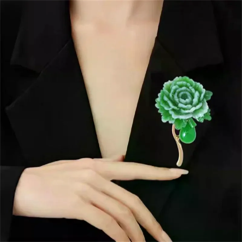 Fashion Exquisite Green Peony Flower Brooch For Women Girls Vintage Anti-slip Pins Versatile Corsage Clothing Accessories Gifts