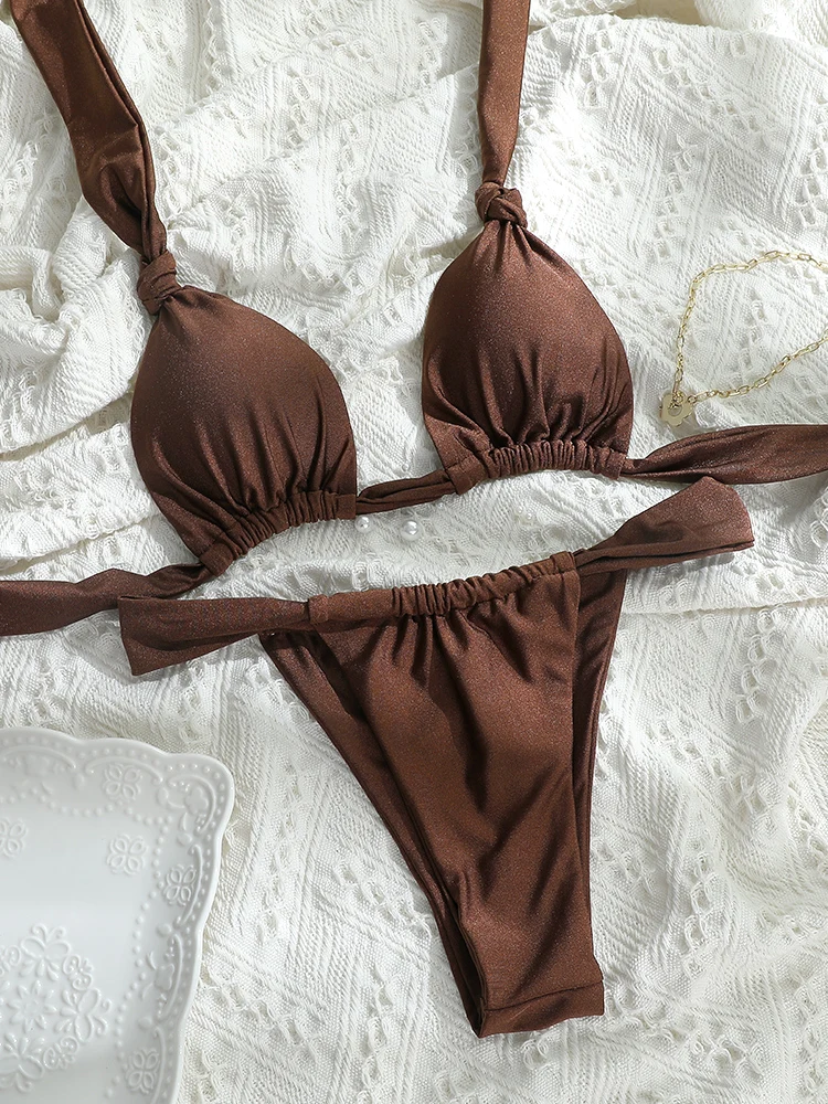 2026 New Solid Women's 2 Piece Triangle Tie Down Brazilian Push Up Folds Bikini Set Swimsuit Bathing Suit