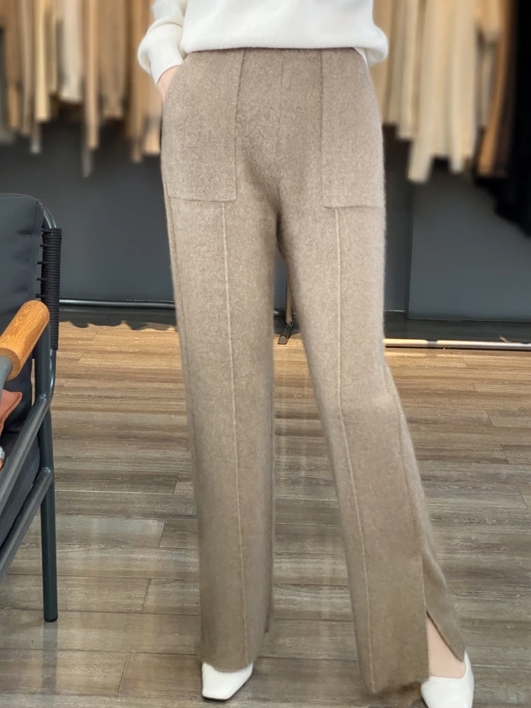 100% Merino Wool Women's Straight Leg Pants Autumn Winter Casual Fashion Cashmere Knitted Slit Pants