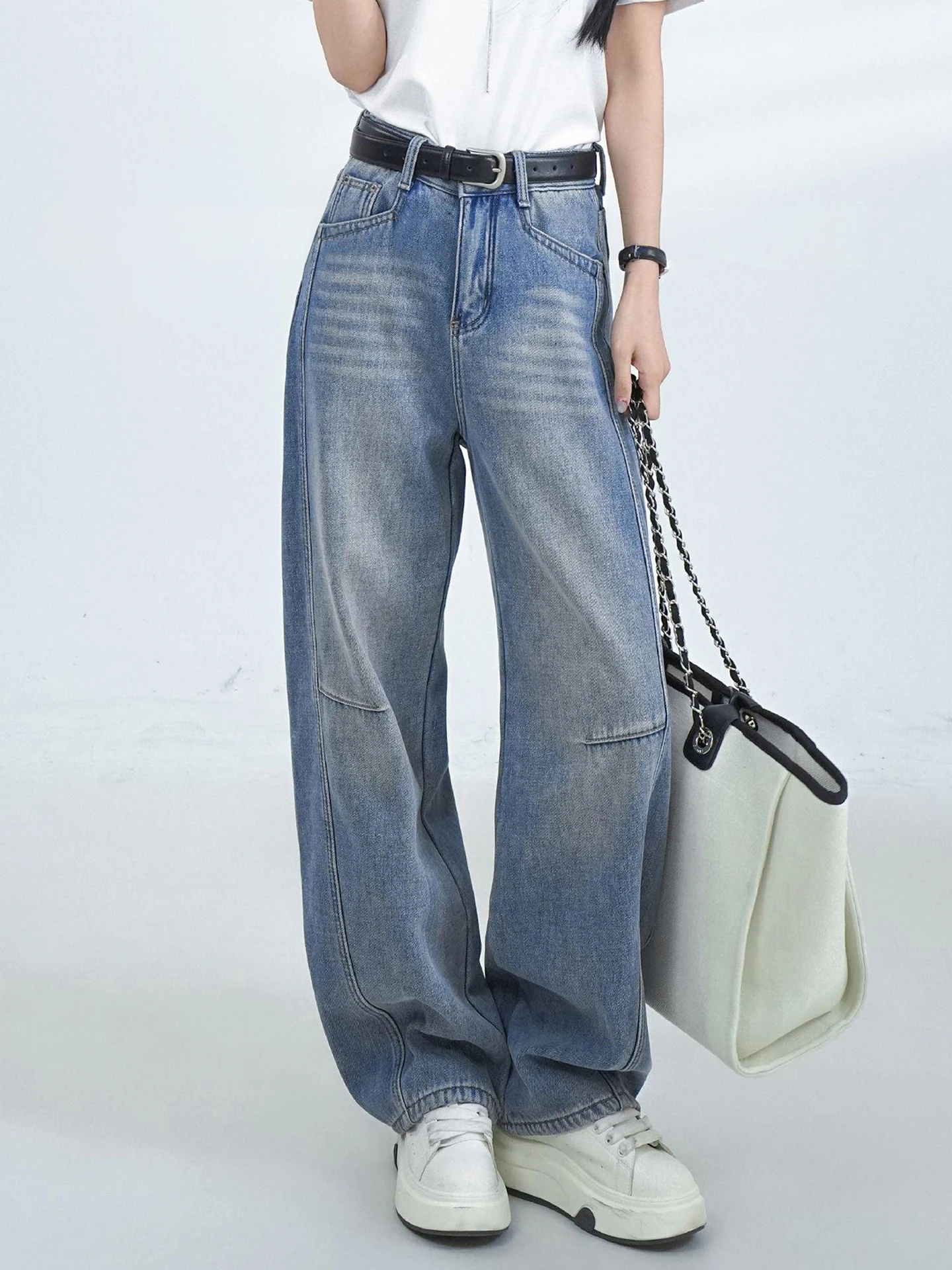 

Light Blue High Waist Wide Leg Knife Jeans Women's Casual Style Faded Denim Pants Spring Autumn New Popular