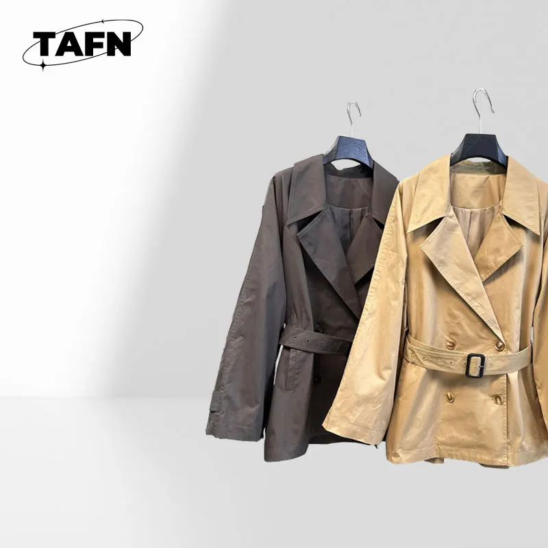 100% Cotten Women's Korean Style Casual Trench Jacket Button Closure Windbreaker Coat for Outerwear with Adjustable Cuffs AI1563
