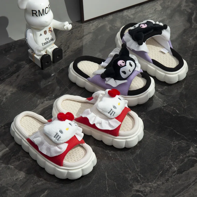 Sanrio Hello Kitty Cartoon Linen Slippers Indoor Non Slip Breathable Home Cute Big Ears Dog Comfortable Outable Slippers