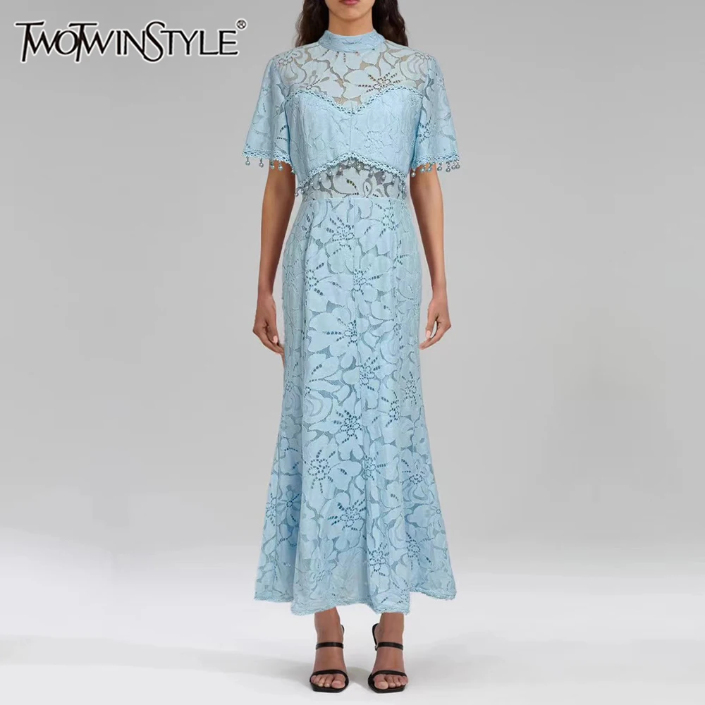 TWOTWINSTYLE Solid Simming พิมพ์ชุดเดรสสําหรับสตรีรอบคอแขนสั้น SHEER Patchwork ชุดลูกไม้หญิงแฟชั่น