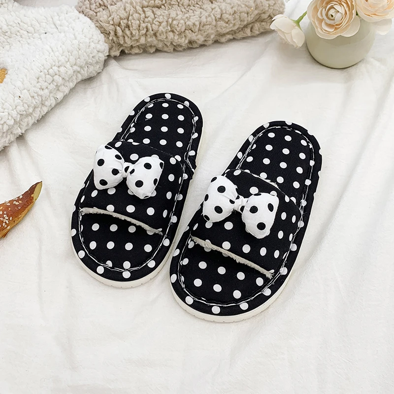 Children Winter Slippers Toddler Polka Dot Bow Girls Open‑Toe Flat Slippers House Non-slip Soft Bottom Kids Causal Home Shoes