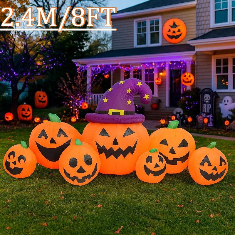

8FT Halloween Holiday Lighting Pumpkin with LED Lights Outdoor Party Decoration Horror Garden Tombstone Decor Inflatable Prop