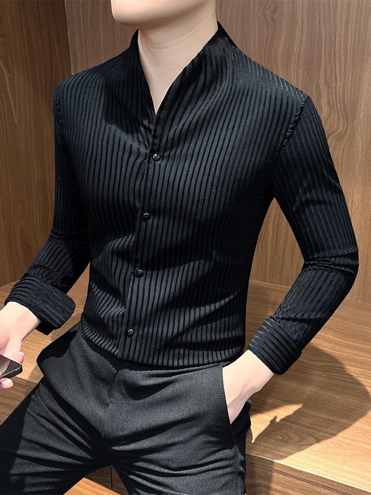 2025 moda sem gola manga longa camisa casual masculina de alta qualidade fino ajuste versátil listrado camisa de negócios roupas masculinas