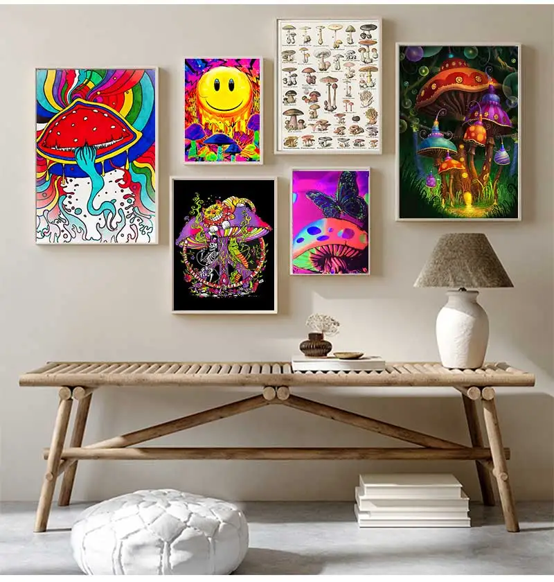 Posters and Print Psychedelic Magic Black light Wall Art Canvas Painting  bilder cuadros Trippy Visual Mushroom Mind Education