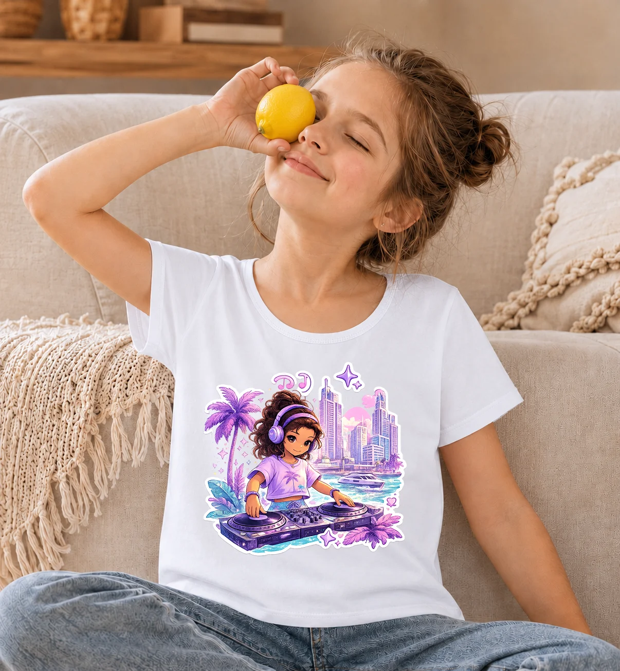 Y2K Dopamine Purple DJ Girl Graphic Kids T-shirt Tropical Palm City Print Girls Summer Cotton Short Sleeve Tops Hip Hop Children