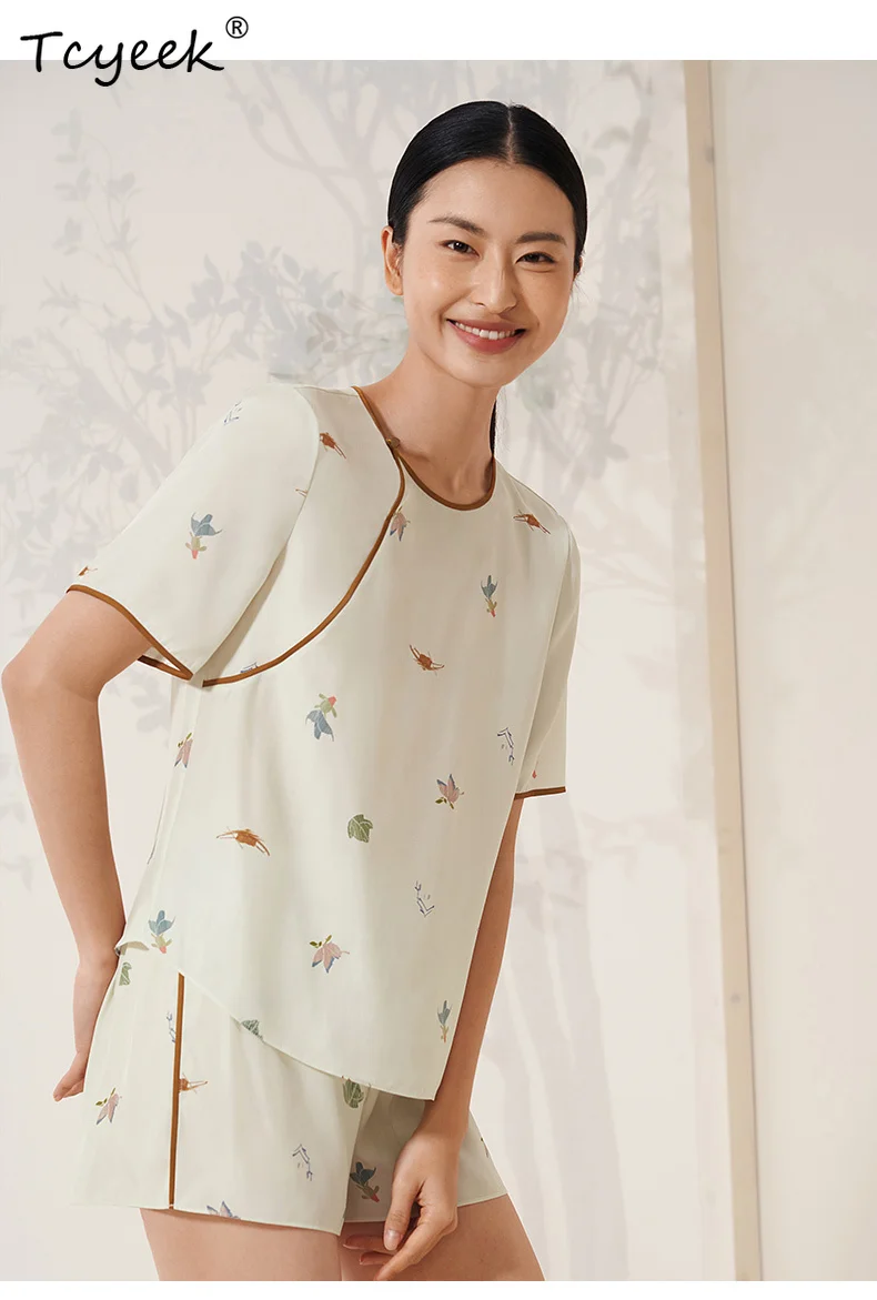 

Tcyeek, 100%Mulberry Silk Pajamas Set, Women Short Sleeve Shorts, Printed Soft Vintage Homewear, 2024 Summer Autumn S47287QC