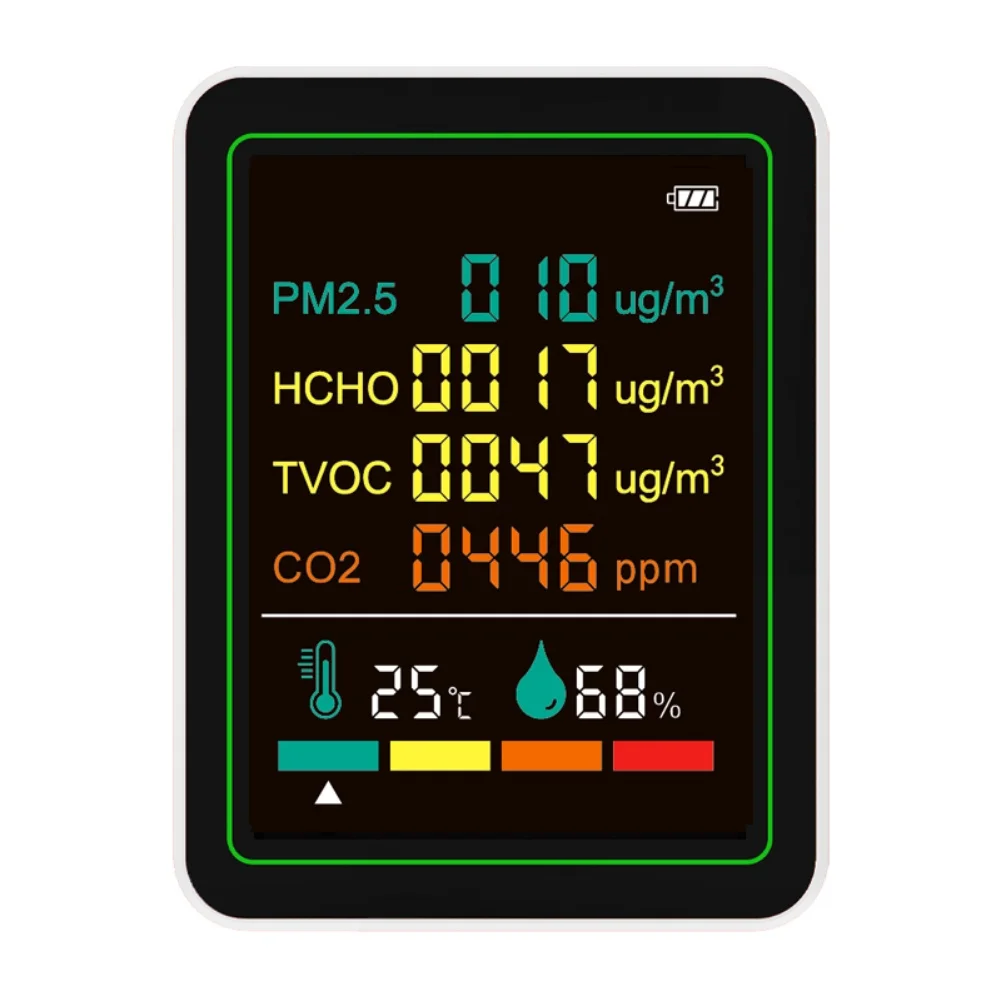 空気品質モニター 6-in-1 屋内空気品質モニター TVOC/PM2.5 温度湿度検出器スタンド 70*35*90 ミリメートル LED カラースクリーン