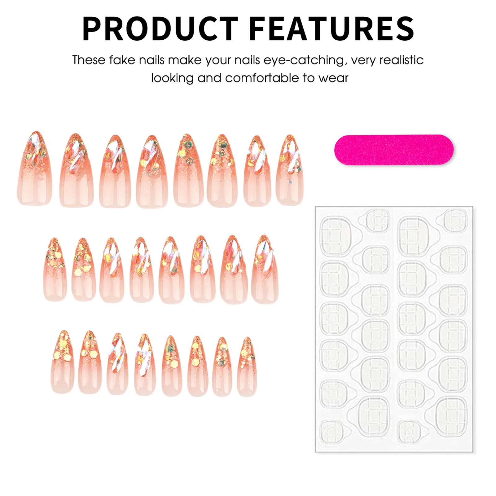 24pcs สไตล์ฝรั่งเศสเล็บปลอมยาว Stiletto แฟลชผงทอง Aurora Diamond Decor เล็บปลอมหรูหรากดบนเล็บ