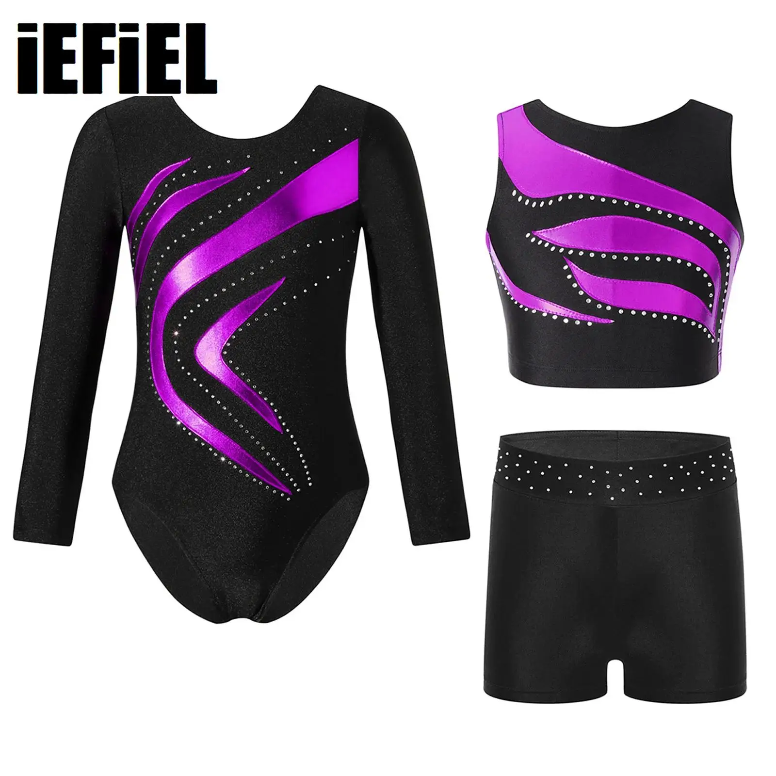 

Kids Girls Gymnastics Outfit Long Sleeve Metallic Patchwork Leotard with Crop Top And Rhinestones Waistband Shorts