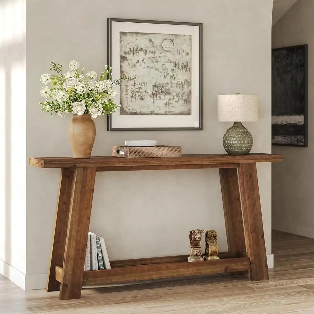 

63 63-Inch Wide Solid Wood Entryway Table with 2-Tier Shelf, Ideal for Behind Sofa or Living Spaces