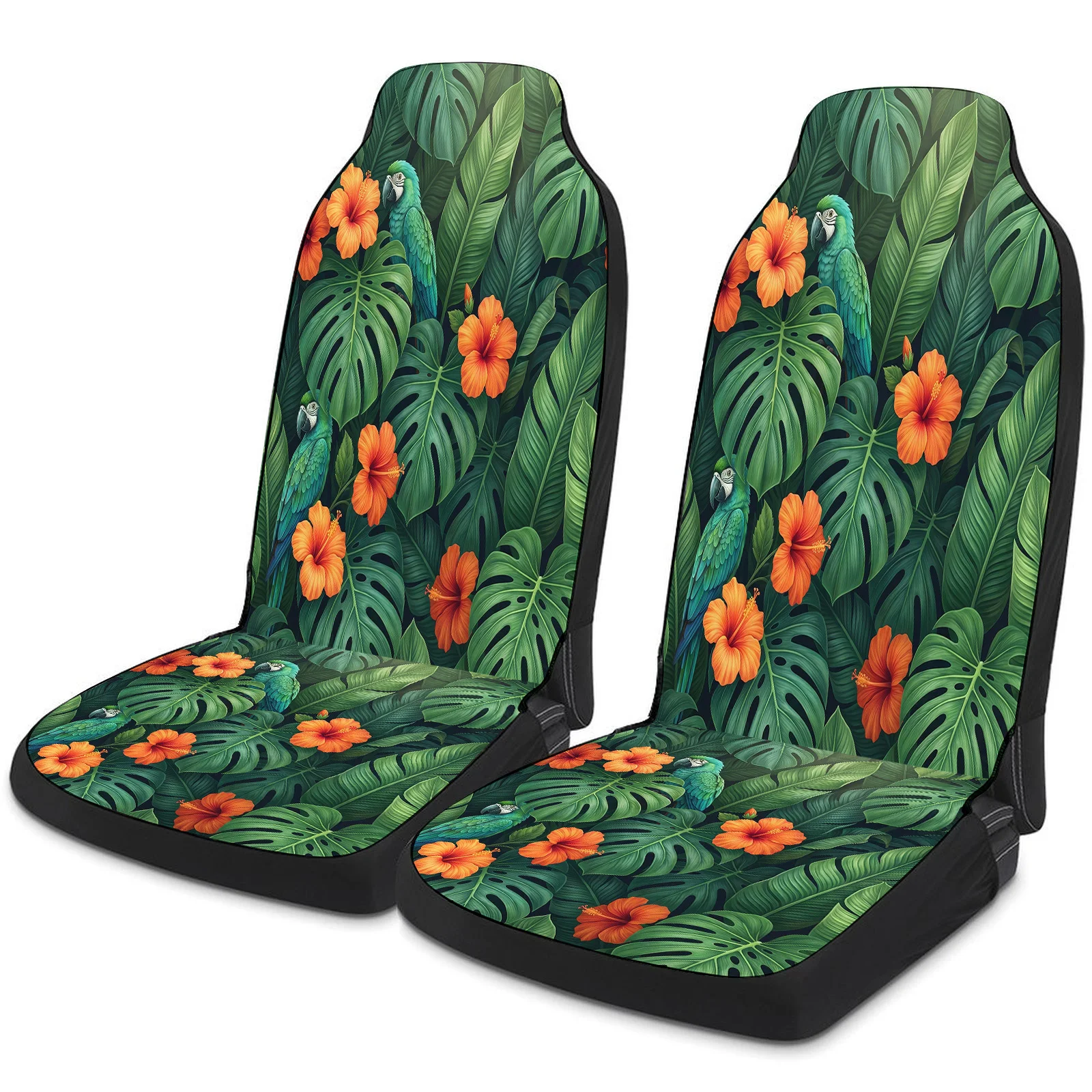 Parrots Hibiscus Monstera Themed Car Seat Cover Set For Most Cars Trucks, Trendy Breathable Car Seat Protector Covers Full Set,