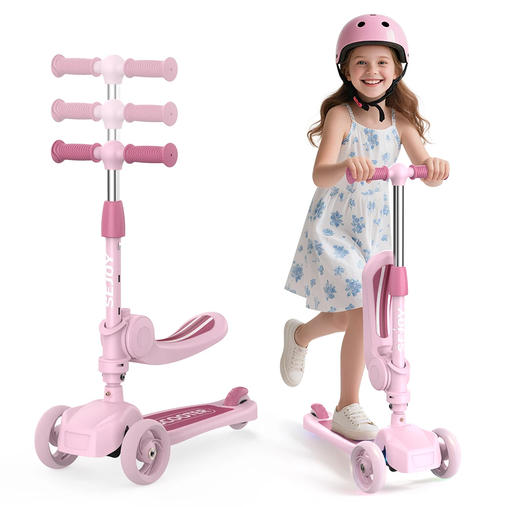 Patinete Sejoy para Niños con 3 Ruedas, Manillar Ajustable, Asiento Plegable - Puedes Viajar Sentado o de Pie con Freno