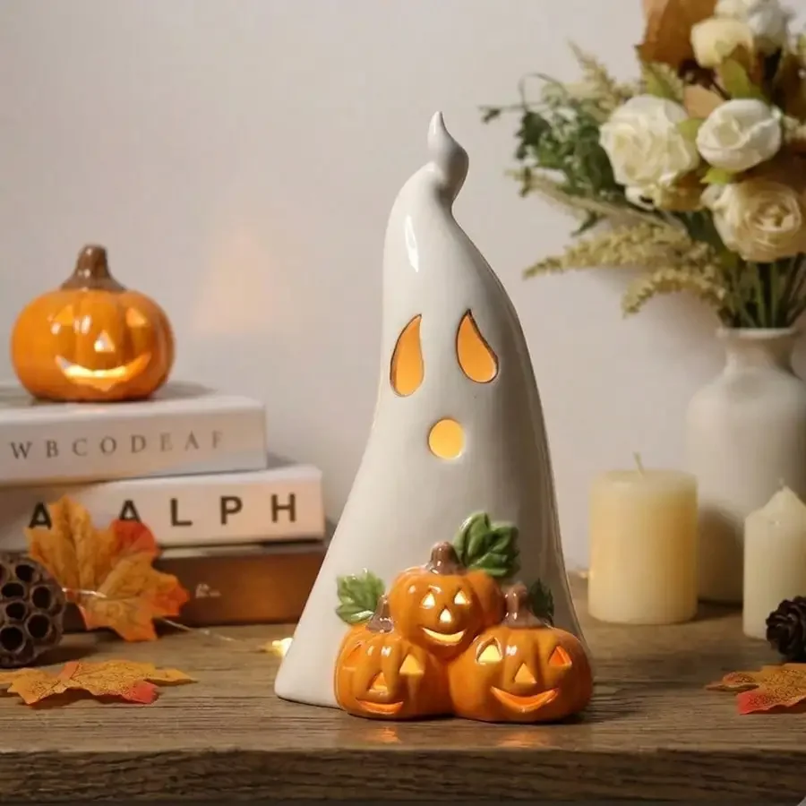 Cute Ceramic Ghost Decorations With Pumpkin, Halloween Table Decor For Home, Farmhouse Autumn Shelf Accent, Mantel, Coffee Table, Entryway Console, Tiered Tray Decor, Fall Thanksgiving Home Decorations, Gift For Women