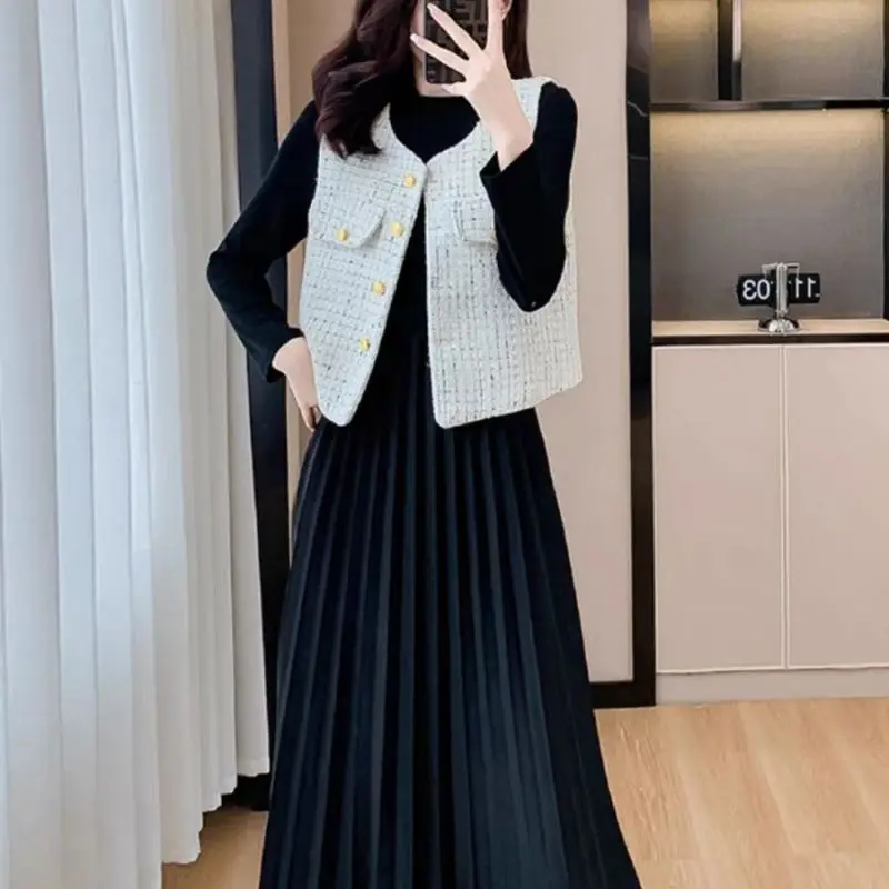 Women Autumn Winter Black Dress Vest Matching Set Korean Office Lady Graceful Tweed Tank Coat Knit Patchwork Dresses Outfit 2023