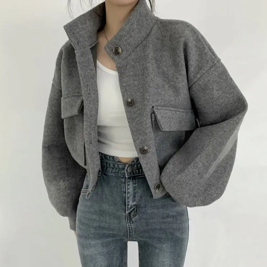 2024 Female Autumn Winter Woolen Cloth Jacket Woman Fashion Button Short Coats Solid Women Streetwear