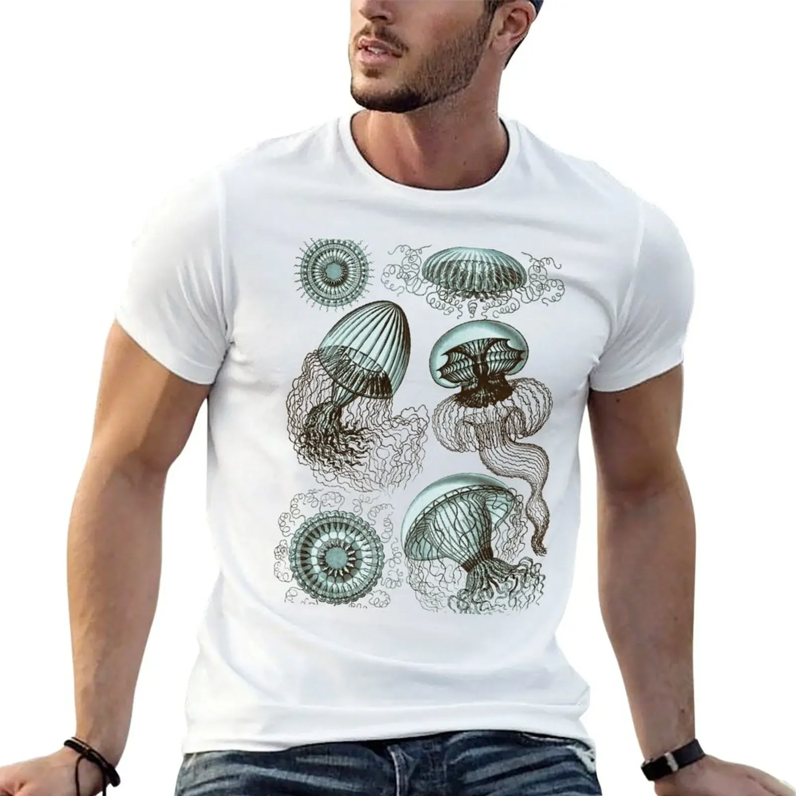 Ernst Haeckel Jellyfish Leptomedusae Brown Teal T-Shirt vintage clothes anime tshirt mens t shirts top quality