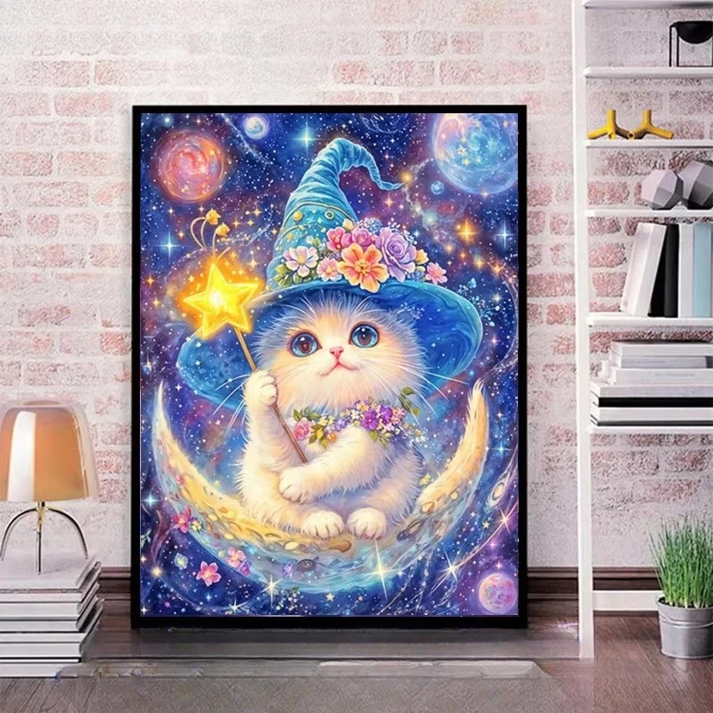 Diamond Painting Set Magische Katze Vollkristall-Mosaik Stickerei Mond Strassbild Kreuzstich Heimdekoration Geschenk Rahmenlos