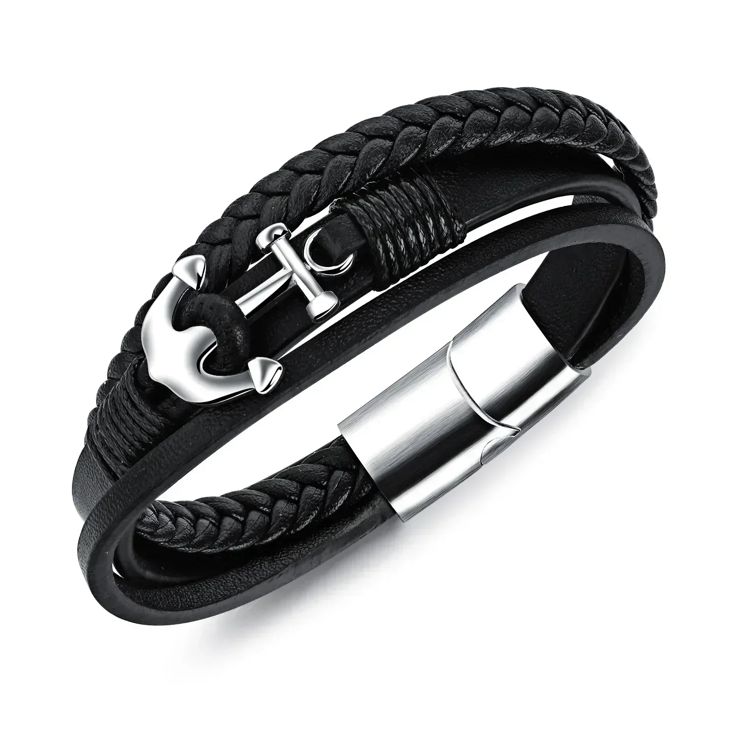 Pulsera de cuentas PPW1 de cuero trenzado multicapa para hombres, brazalete magnético de acero inoxidable, regalo de joyería