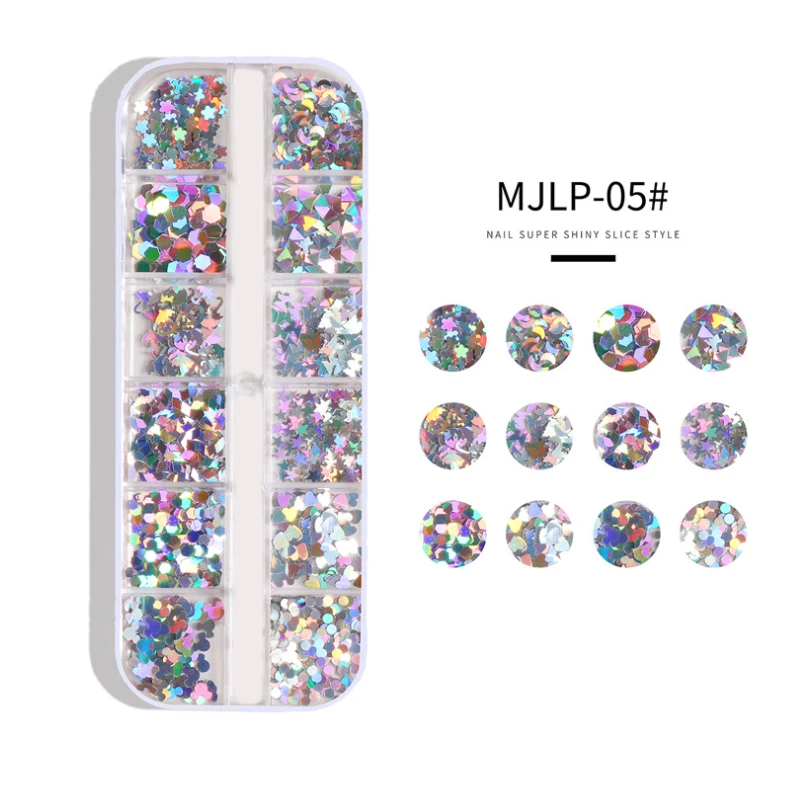 12 กริด/ชุดเล็บ Holographic Glitter Flakes 3D Sequins Paillette ผงขนาดผสมสําหรับตกแต่งเล็บเล็บเครื่องมือ