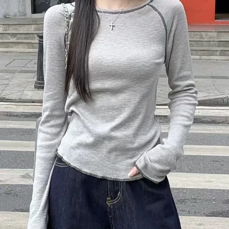 

Women's Base Shirt Spring Autumn Thread Design Sense Inner Wear T-shirt Sleeve Insert Shoulder Design Long Sleeve round Neck