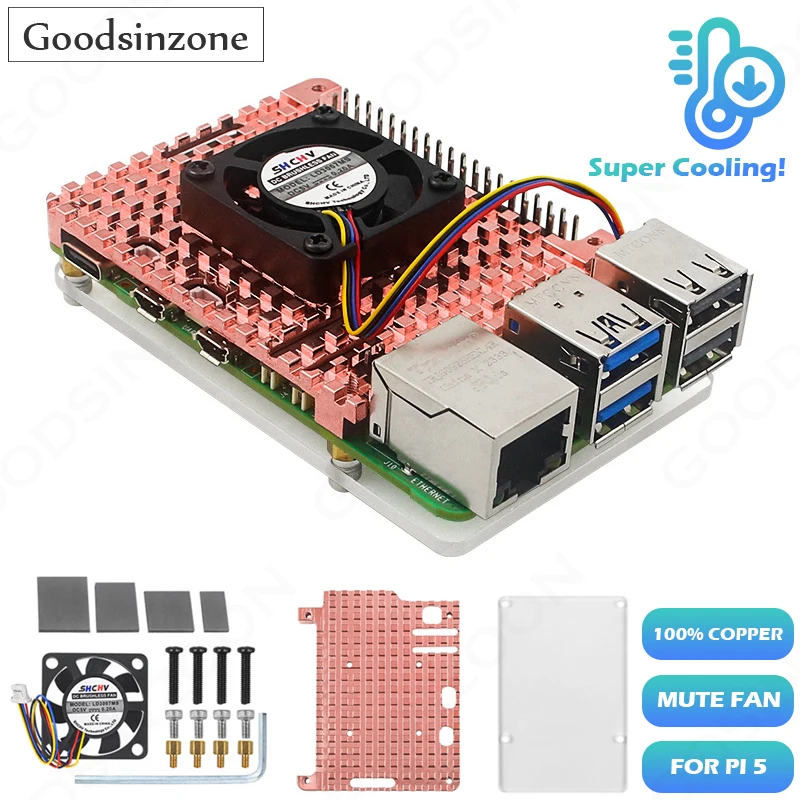 

Full-Cover 100% Copper Heatsink with Mute Cooling Fan Acrylic Plate Case Shell Kit for Raspberry Pi 5, Cooler Heat Sink for Pi5