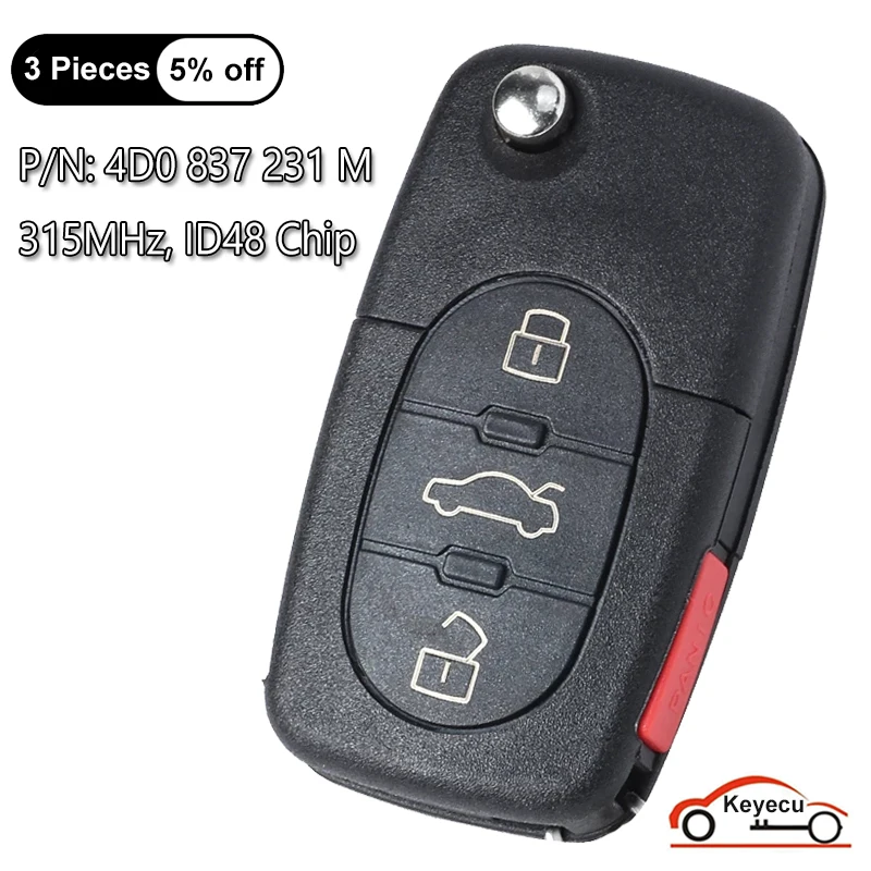 

KEYECU 3+1 4 Buttons 315MHz ID48 Chip for Audi A4 A6 A8 RS6 S4 S6 S8 TT Cabriolet Auto Flip Remote Key Fob HLO 4D0 837 231 M