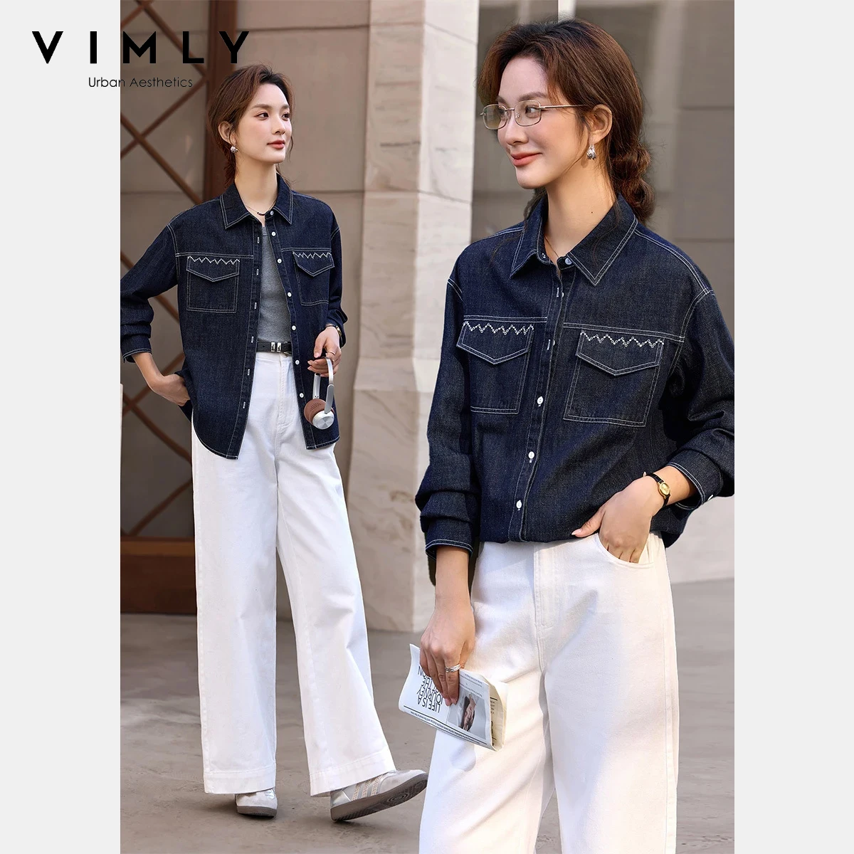 

VIMLY Women's Denim Shirt 2026 Spring New Casual Turn-Down Collar Contrast Color Embroidery 100% Cotton Jacket for Ladies A3677