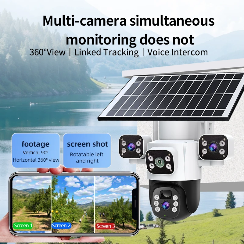 12MP WIFI Sola Camera CCTV Three Lens Three Screen Auto Tracking Security Protection Outdoor PTZ IP Cameras Surveillance