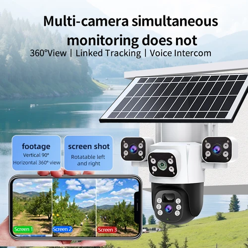 Imagen 2 del producto Cámara IP Solar WIFI de 12MP CCTV tres lentes tres pantallas seguimiento automático al aire libre 6K 4G vigilancia PTZ cámara protección de seguridad