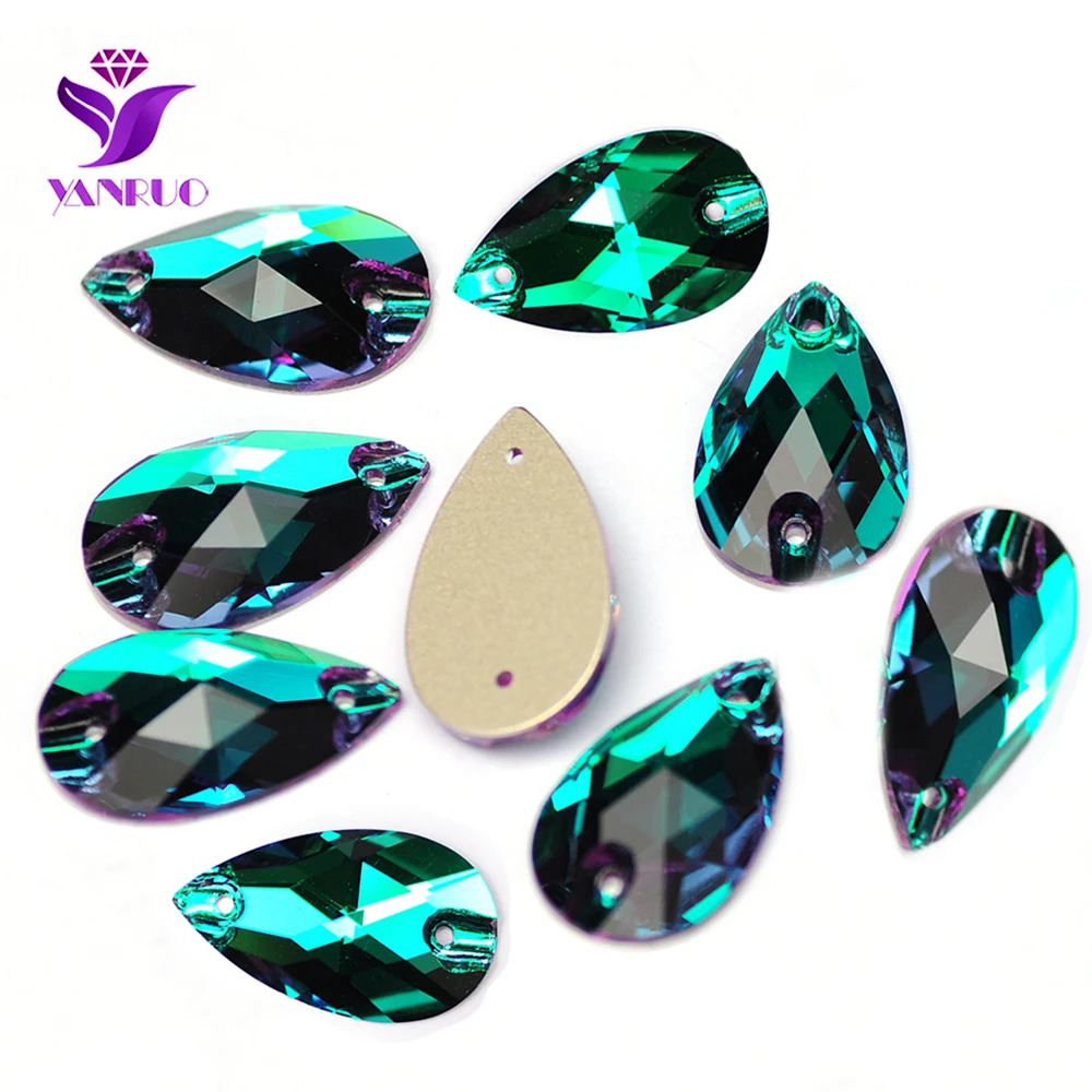 YANRUO 3230 Drop 7x12mm 11x18mm 17x28mm Emerald Glass Sew On Crystal DIY Rhinestones Needlework Craft Crystal Stones For Making